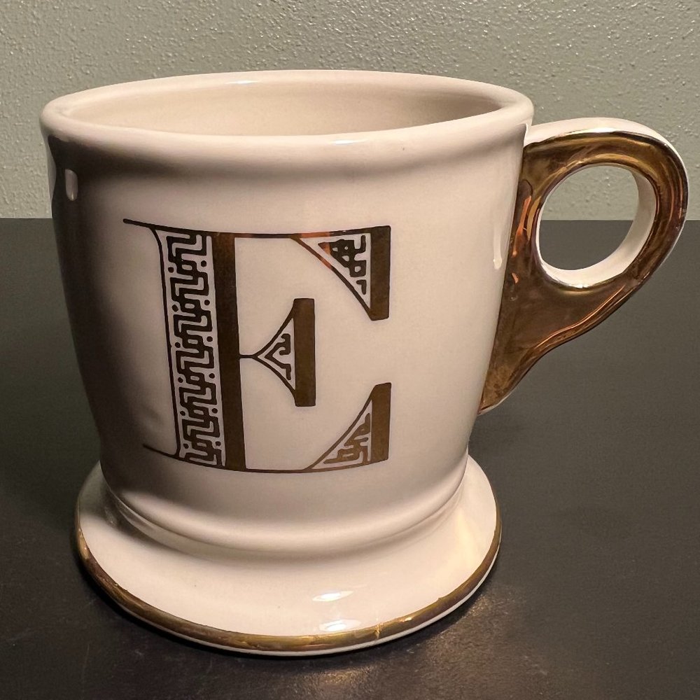 Anthropologie Monogram Initial Letter E Shaving Mug Gold Accents Coffee Cup Tea